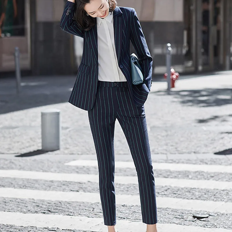 

Office Clothes 2 Piece Set Women Suit Blue Jacket Autumn Winter 2021 Korean Fashion Blazer Oversize Cardigan Business Pant Suit