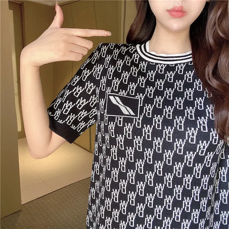 

Pattern Short-sleeved T-shirt Dress Female Ice Silk Summer Dress 2021 New French Niche Temperament Retro Skirt Thin SectionS-XXL