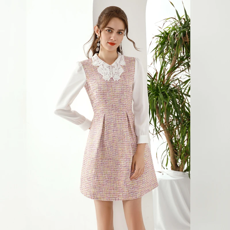 

2021 Spring New Lace Lapel Long Sleeve Patchwork Pink Tweed Fashion Holiday Cute Elegant Mini Dress