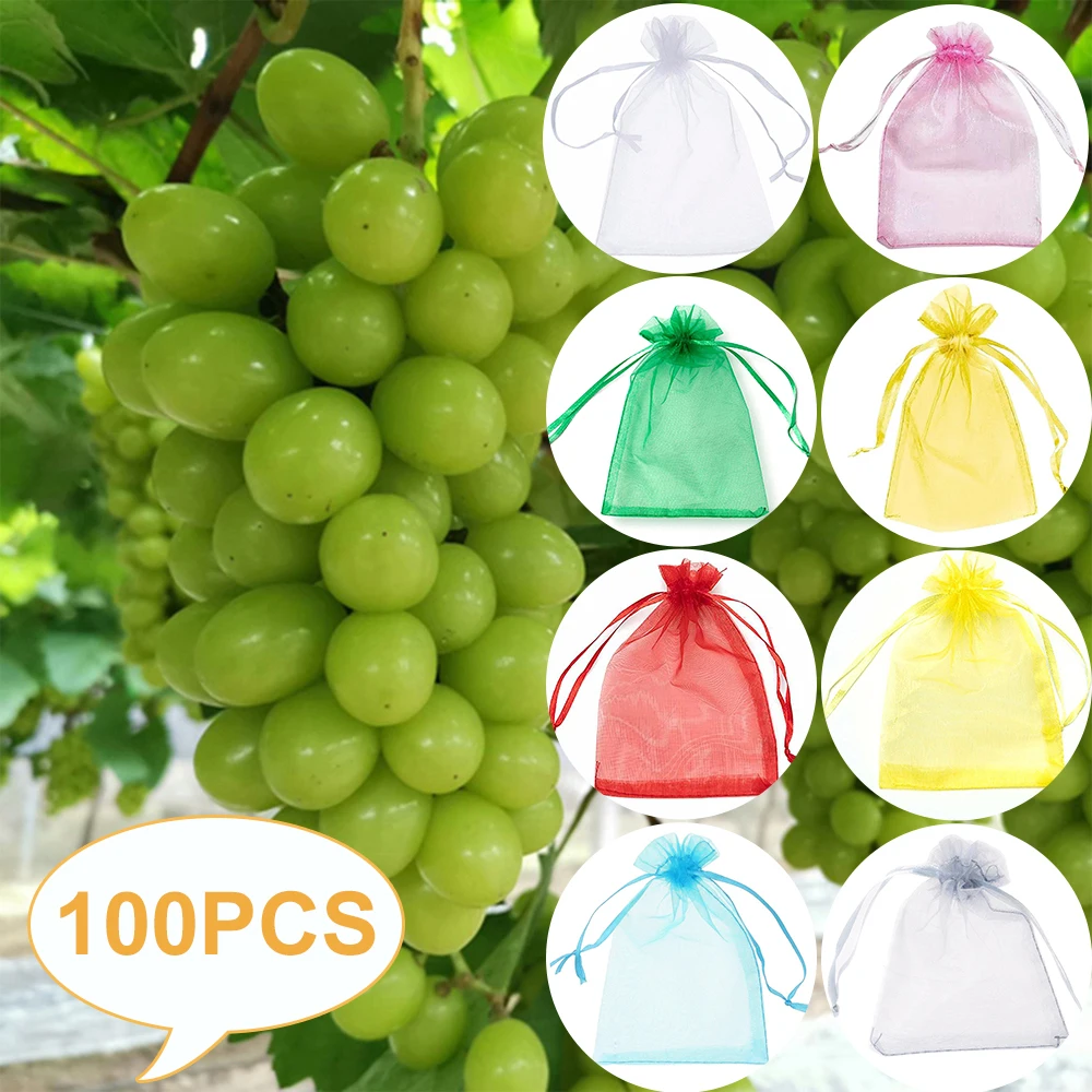 

100pc Vegetable Fruit Grow Mesh Bag Plants Protection Bag Pest Control Anti-Bird Insect Gardening Drawstring Netting Grape Pouch