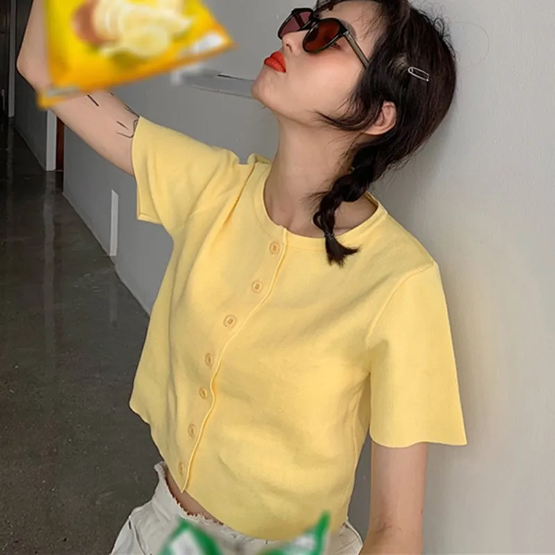 

oioninos Fashion blouse O-neck Button Short Section Exposed Navel Knitted Short-sleeved blouse Cardigan