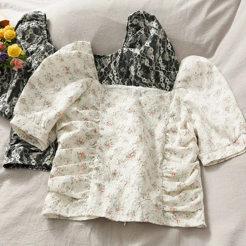 

French retro Top Women Shirt 2021 Summer Short Shirt Floral Lace stitching T-shirt Harajuku Fashion Female Clothes Y2k clothes