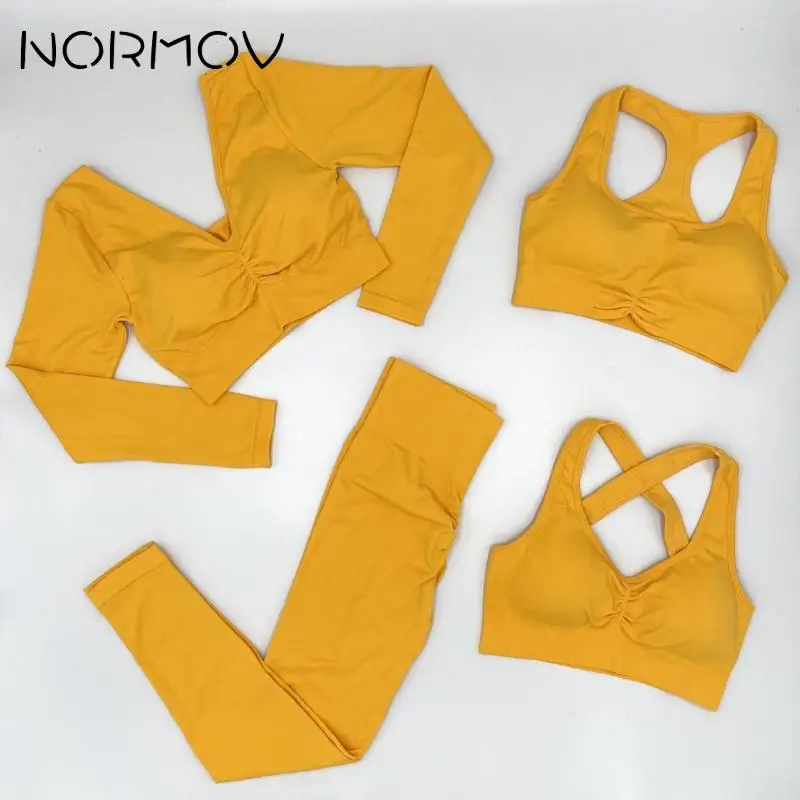 

Спортивные комплекты NORMOV из 2/4 предметов с V-образным вырезом, бесшовные комплекты для фитнеса и йоги, эластичная Спортивная одежда для трен...