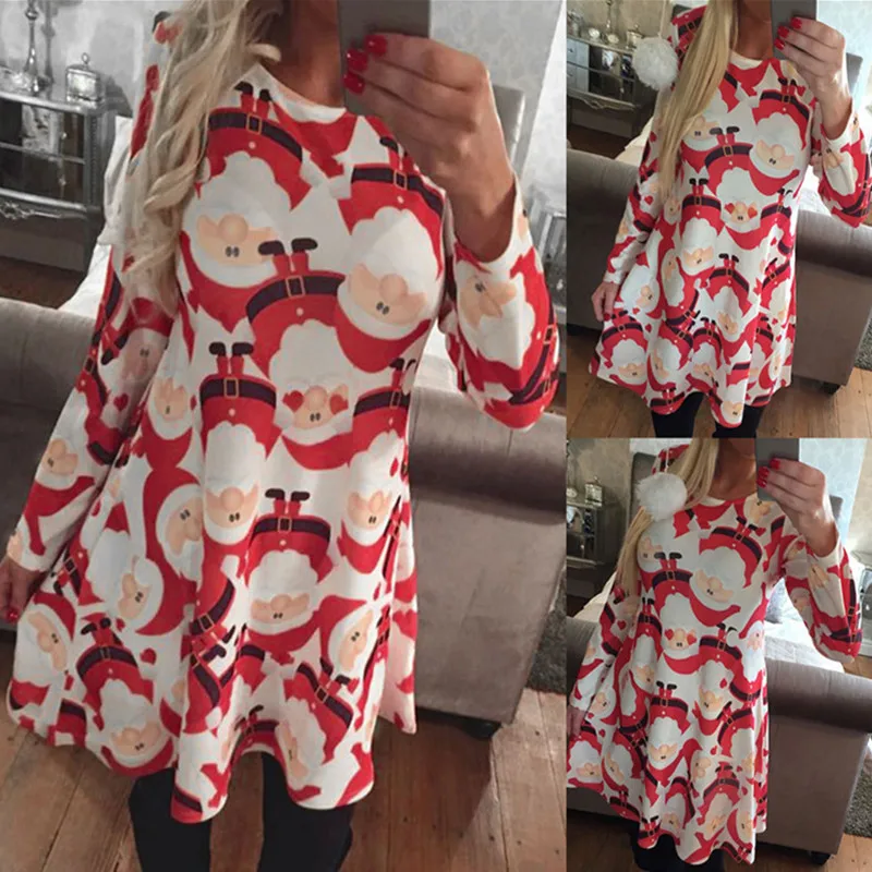 Women's New Year Christmas Tree Snowman Printed Dress Women Fall Winter Evening Party Dresses Long Sleeve Loose Vestidos | Женская