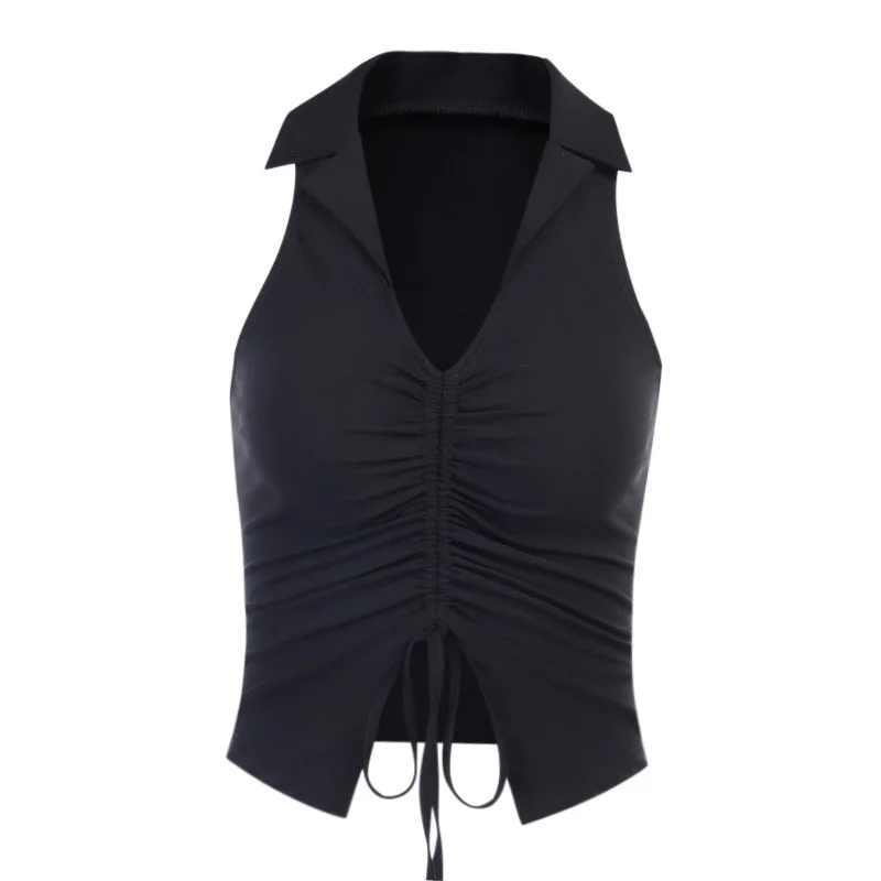 

2021 Halter Turn-down Collar Crop Top Sleeveless Button Skinny Elastic Tank Top Women Sexy Summer Vacation Tops