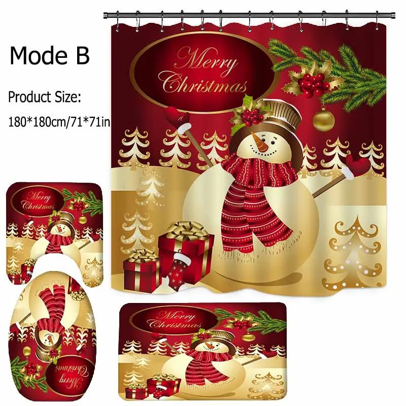 

Home Happy Shower Christmas 3D Digital Printing Christmas Curtain Bathroom Floor Mat Base Mat Toilet Snowman Shower Mat