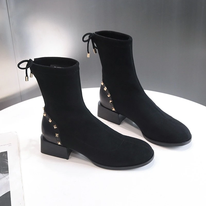 Черные модные ботинки коллекция 2019 года женская замшевая обувь в Корейском стиле