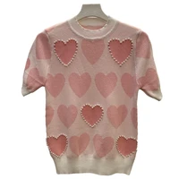 korean beading pearl heart print knitted t shirt woman casual baggy loose short sleeve tops o neck summer clothes for women