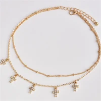 personality double layer alloy small cross tassel pendant necklace