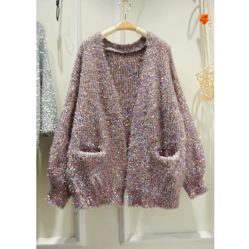 

Women Cardigan Sweater Bright Silk Mixed Color Sweater Coat 2021 Autumn Loose Long Sleeve Thick Knitwear Female All-Match