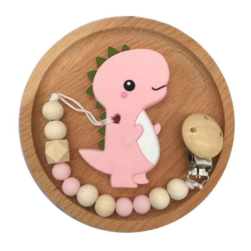 teether and chain Прищепка для соски цепь мультфильм Динозавр Прорезыватель деревянные бусины пустышка Клип пустышка жевательный поводок соска держатель Прорезыватель - Цвет: teether and chain