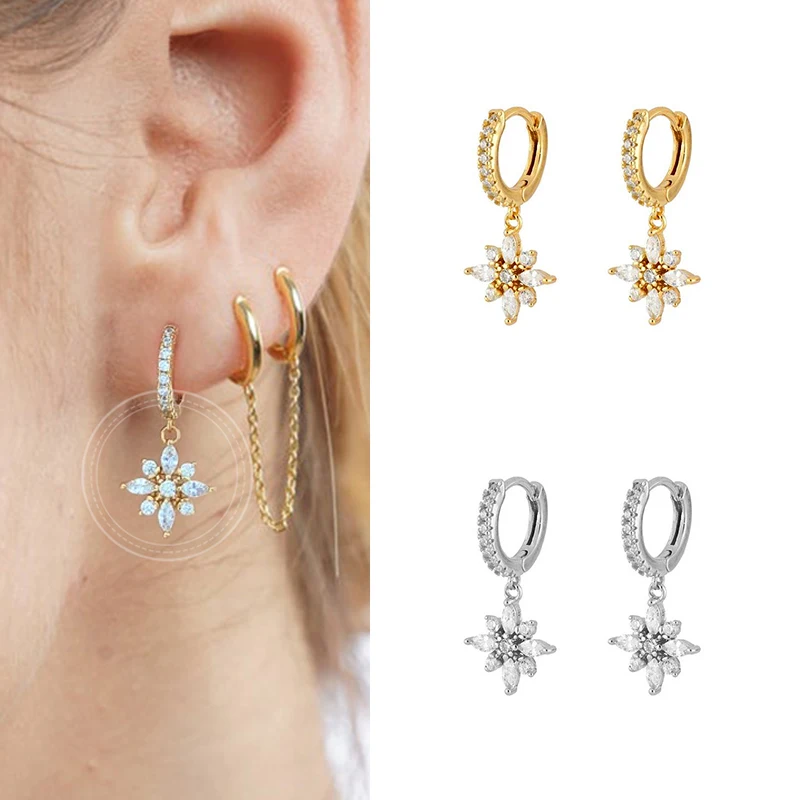 

Exquisite Flower Crystal Pendant 925 Silver CZ Hoop Earrings Popular Fashion Earrings for Women Elegant Noble Birthday Gift