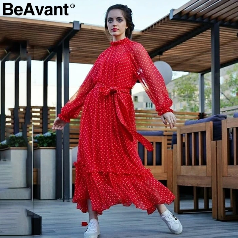 BeAvant, красное платье в горошек, Осень-зима, женское, элегантное, с рукавом-фонариком, длинное, для вечеринок, с рюшами, с круглым вырезом, черное, для девушек, vestidos