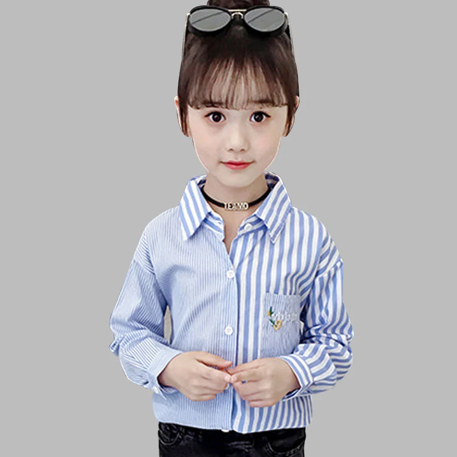 Блузка для девочек блузки с цветочной вышивкой рубашки в полоску весенне Осенние