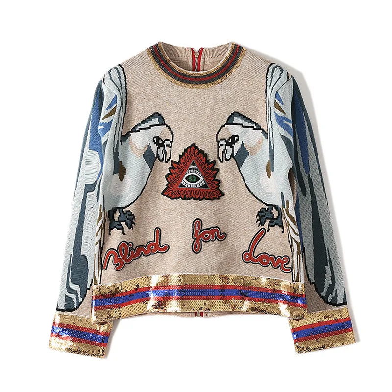 2019 Luxury Parrot Print Women Sweaters Pullovers Runway Brand Sequins Long Sleeve Female Knit Sweater Jumper Christmas Clothes | Женская