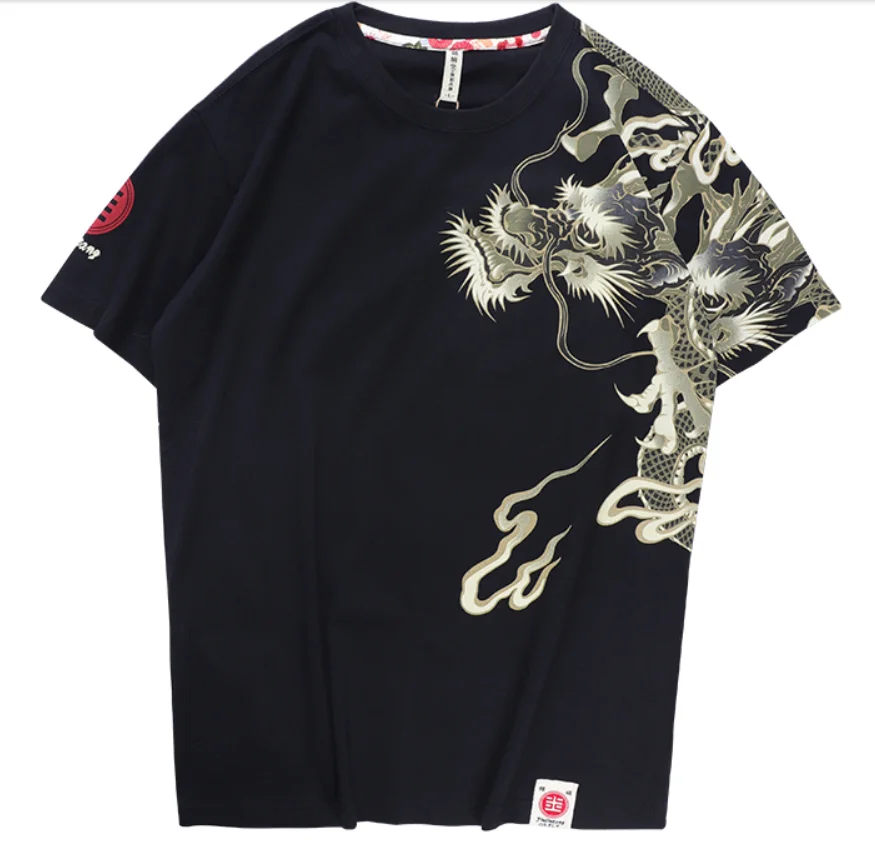 Printing Short Men's Sleeve T-Shirts Japan Style Loose Hip Rock Dragon Tattoo 100% COTTON Tops Tees | Мужская одежда