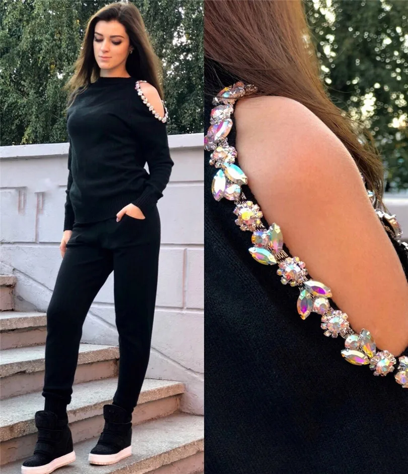 ALPHALMODA 2019 Новый женский стильный свитер с кристаллами и цепочкой на плечах + штаны