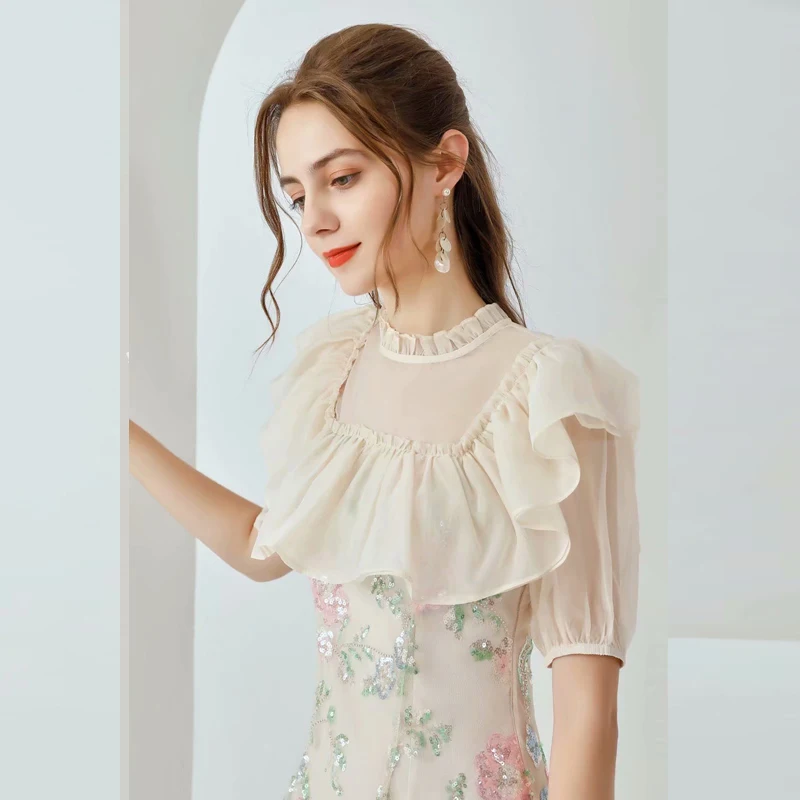 

Designer 2021 Spring Summer New Women'S Net Yarn Round Neck Ruffled Crystal Sequin Beading Fashion Party Mini Dress