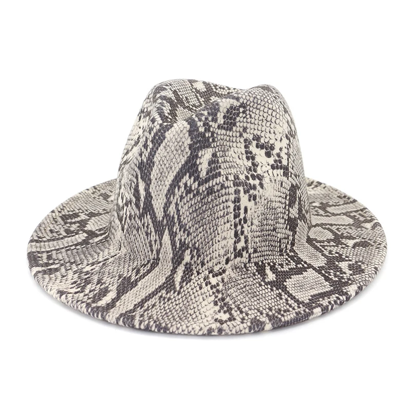 

2020 new retro unique design snake pattern men's wide brim gray brown hat felt hat Fedora church hat ladies elegant Panama hat