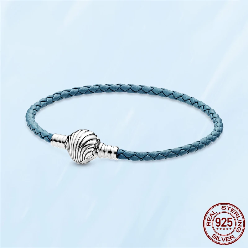 

925 Sterling Silver Seashell Clasp Turquoise Braided Leather Bracelet Blue Ocean Seashell Silver Pandora Bracelet for Women Gift