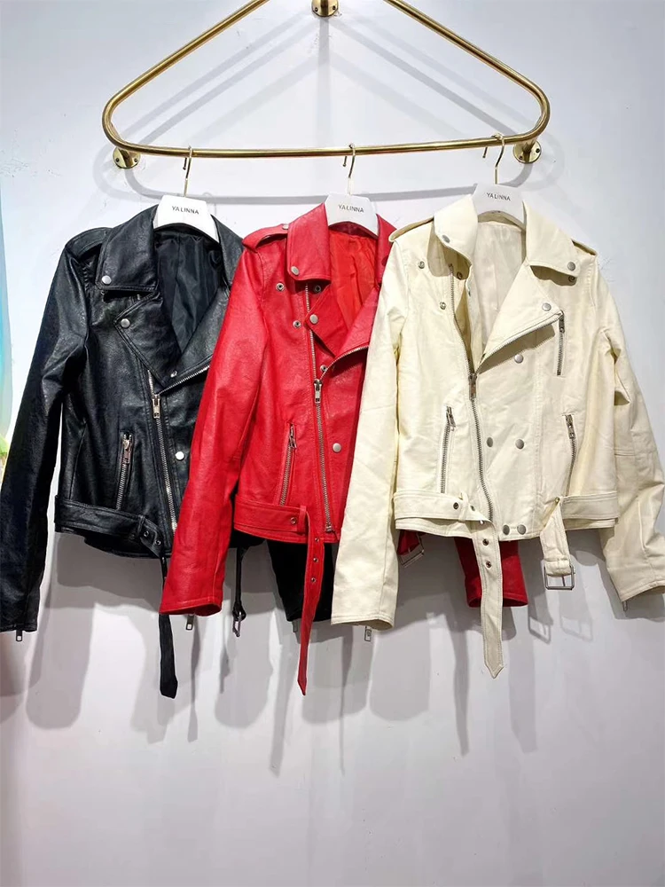 

Solid color lapel double-breasted buckle oblique zipper bandage waist locomotive PU leather jacket ladies autumn new style