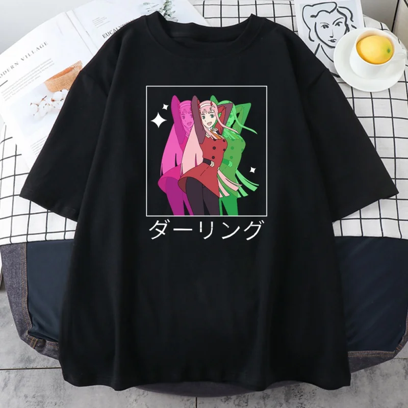 

Camiseta feminina de manga curta, camiseta de tamanho grande com estampa zero two solta, anime harajuku, moda verão, gola