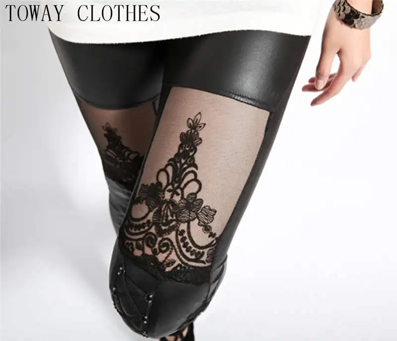 

2022 Sexy Punk New Style Lace Splicing Leggings Black High Waist PU Women Leggings Long Legs Women's Black Fitness Leggings
