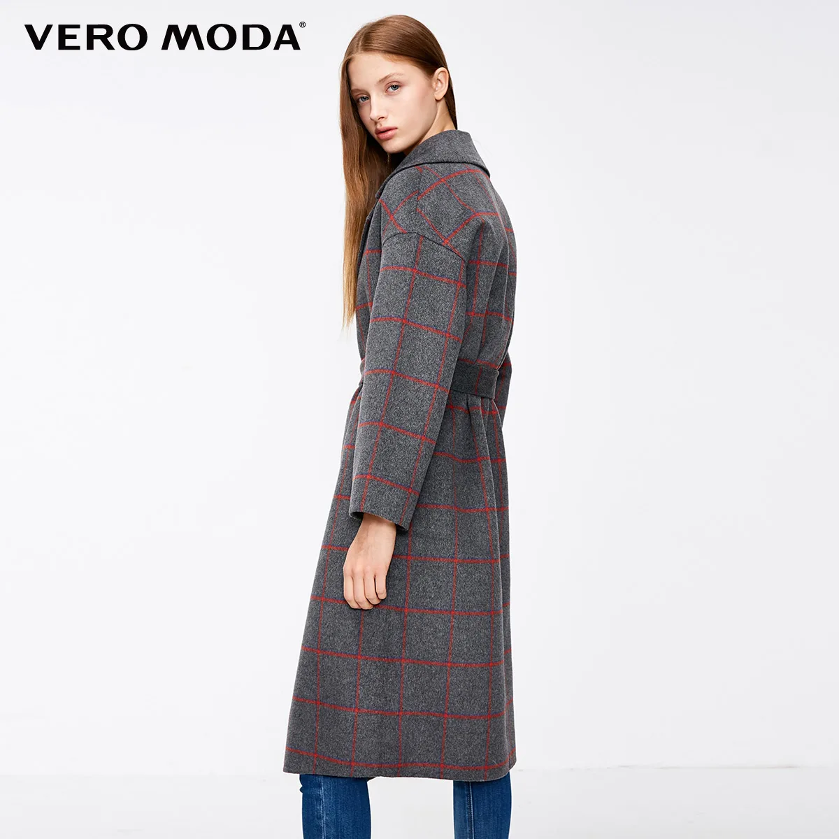 Vero Moda воротник с лацканами плед поясом Женское зимнее шерстяное пальто Верхняя