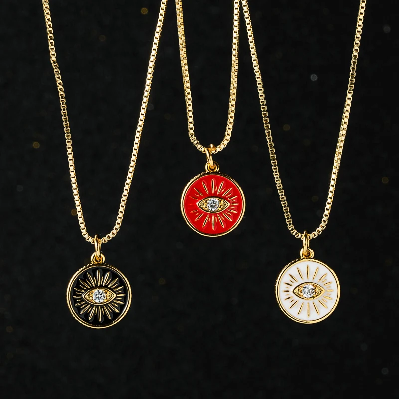

King Shiny Chic Evil Eye Pendant Necklace for Woman Punk Cubic Zirconia Round Coin Choker Copper Necklace Girls Collar Necklace