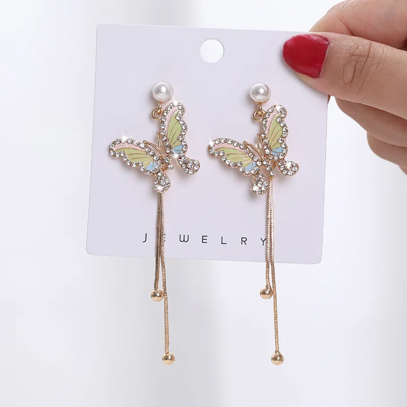 

New butterfly pearl rhinestone long fashion tassel earrings factory direct sales