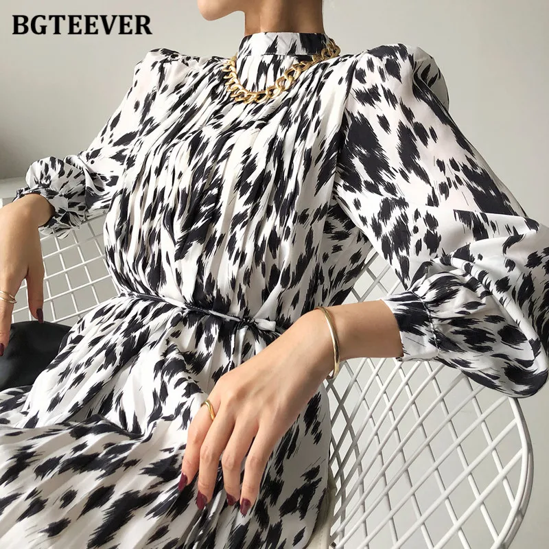 bgteever 2021 spring new stand collar women full sleeve dress elegant hit color female lace up printed midi dress vestidos free global shipping