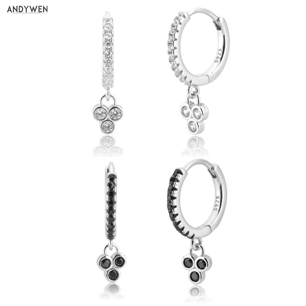 ANDYWEN 925 пробы серебряные серьги капли с тремя цирконами 9 5 мм круглые петли для