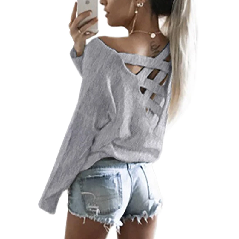 Женские футболки с открытой спиной 2020 длинным рукавом однотонные сексуальные