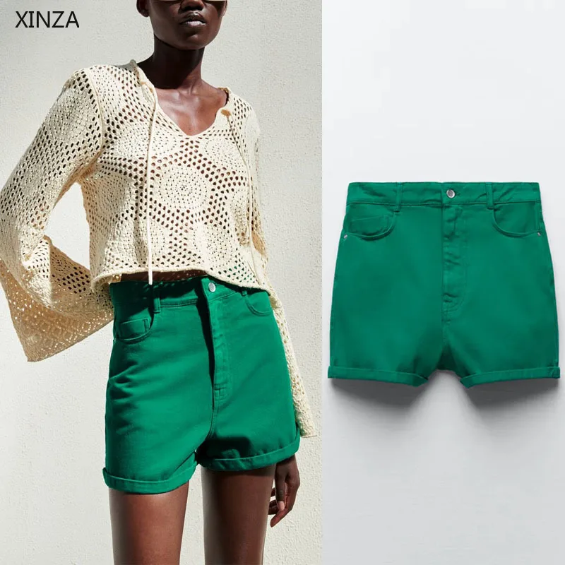 

Шорты Za женские с завышенной талией, повседневные короткие штаны с карманами, с манжетами на подоле, в винтажном стиле, зеленые, лето 2021