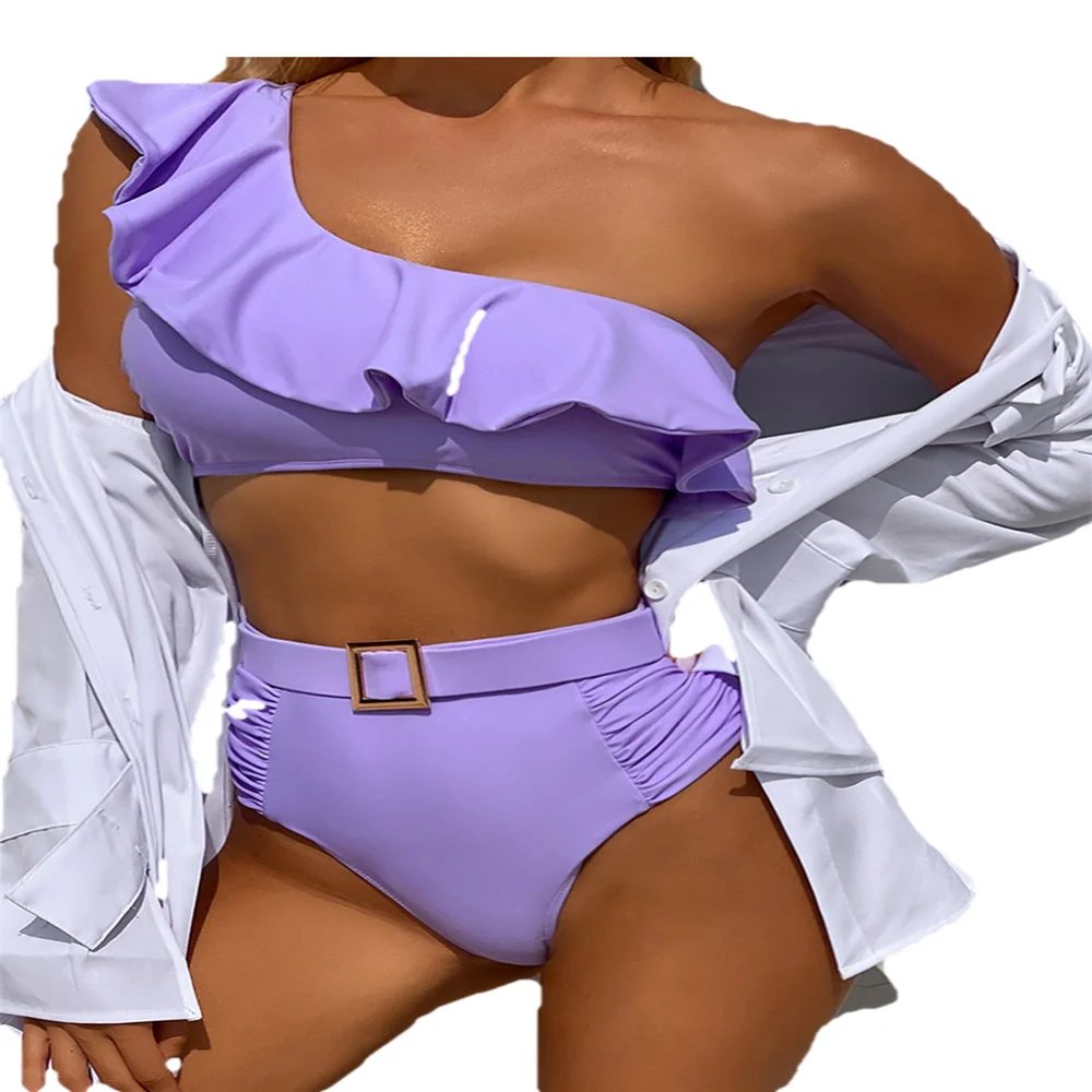 

Sexy Ruffles Tankini Sets Swimsuit For Women Single Shoulder High Waist Bathing Suits With Blet Summer Female Bikinis Set