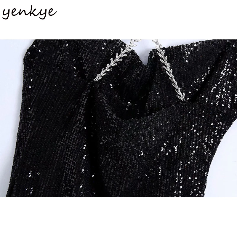 

YENKYE Women Fashion Sequin Mini Dress Vintage Black Sexy Backless Sleeveless A-line Party Christmas Dress Vestido