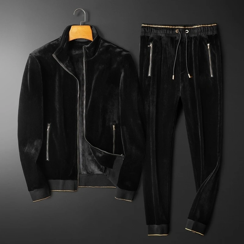 

2021 Velvet black men tracksuit autumn and winter new men's fashion personality men's long-sleeved trendy casual sports suit