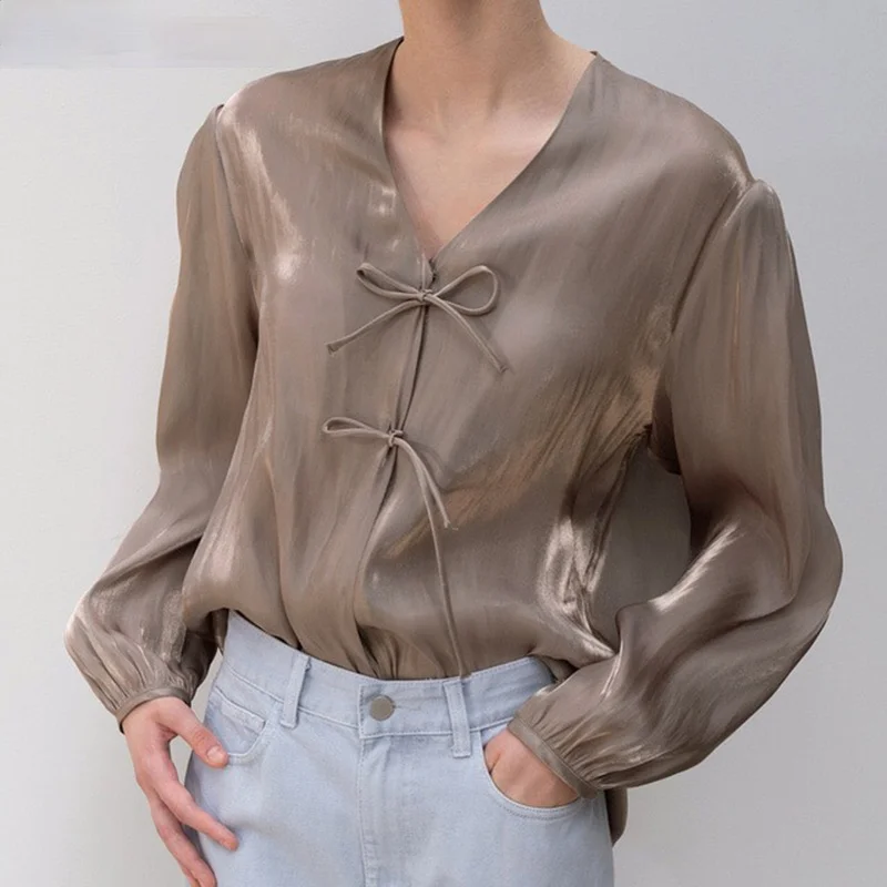 

Women Blouses 2021 Spring Korean Bow Tie Sweet Shirt Causal Long Sleeve V-neck Pullover Tops Femme Blusas