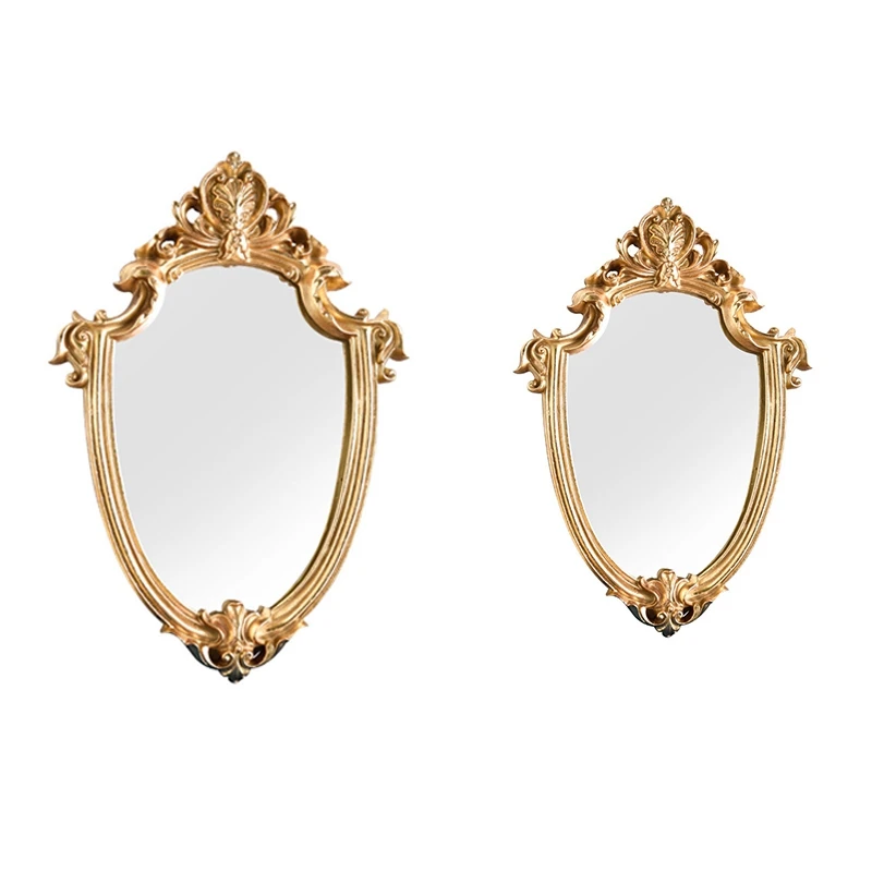 

Relief Resin Decor Mirror Vintage Wall Hanging Mirror Bathroom Decor Gold Shield Shape Makeup Mirror Home Decor