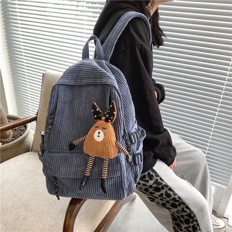 

Hylhexyr Women's Backpack Solid Color Corduroy Knapsack Zipper Fashion Student School Bagpack Casual Schoolbag For Teenage Girls