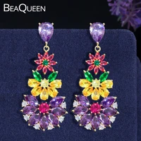 beaqueen new yellow purple red colorful cubic zircon crystal long flower drop gold color earrings for women bohemia jewelry e316