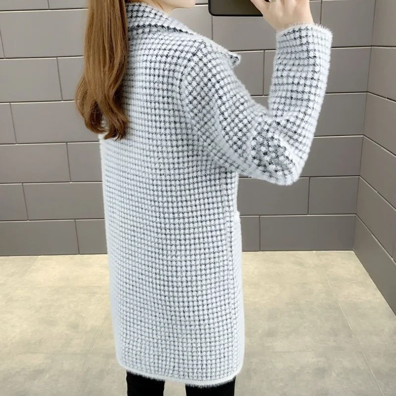 Женский Длинный мохеровый кардиган в клетку осенняя вязаная куртка из меха норки