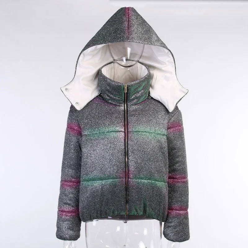 2021 Winter Women Shining Cotton Padded Hooded Coat Fashion Stand Collar Long Sleeve Warm Zipper Outwear Thick Hoodies Jacket