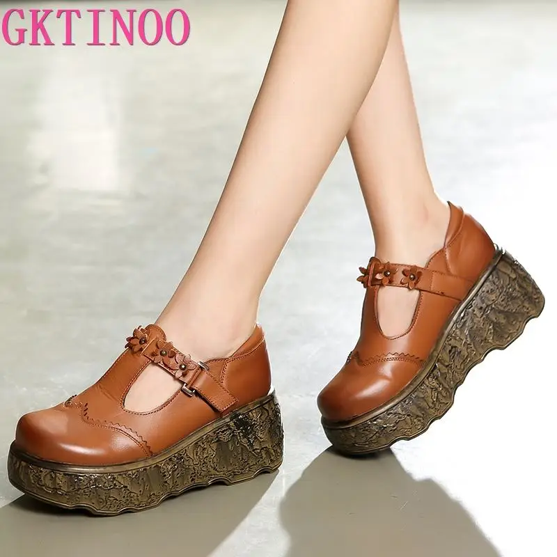 GKTINOO/Новинка 2021 года Осенняя обувь из натуральной кожи в стиле ретро с цветочным