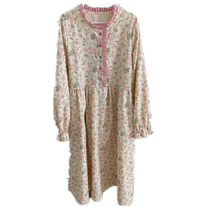 

Ldyllic Floral Sleepwear Women's Cotton Nightdress Spring Autumn Nightgown Comfort Home Suit Long Sleeves Casual Night Skirt