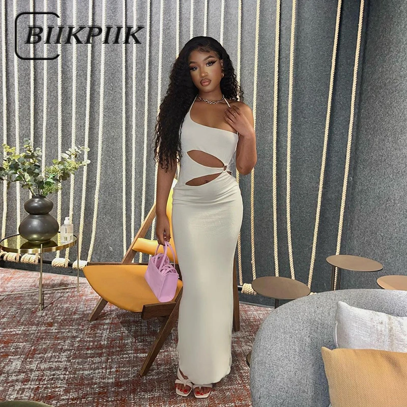 

BIIKPIIK Sexy White Strapless Sleeveless Cut out Bodycon Dresses Women Fashion Elegant Club Party Midnight Prom Dress Streetwear