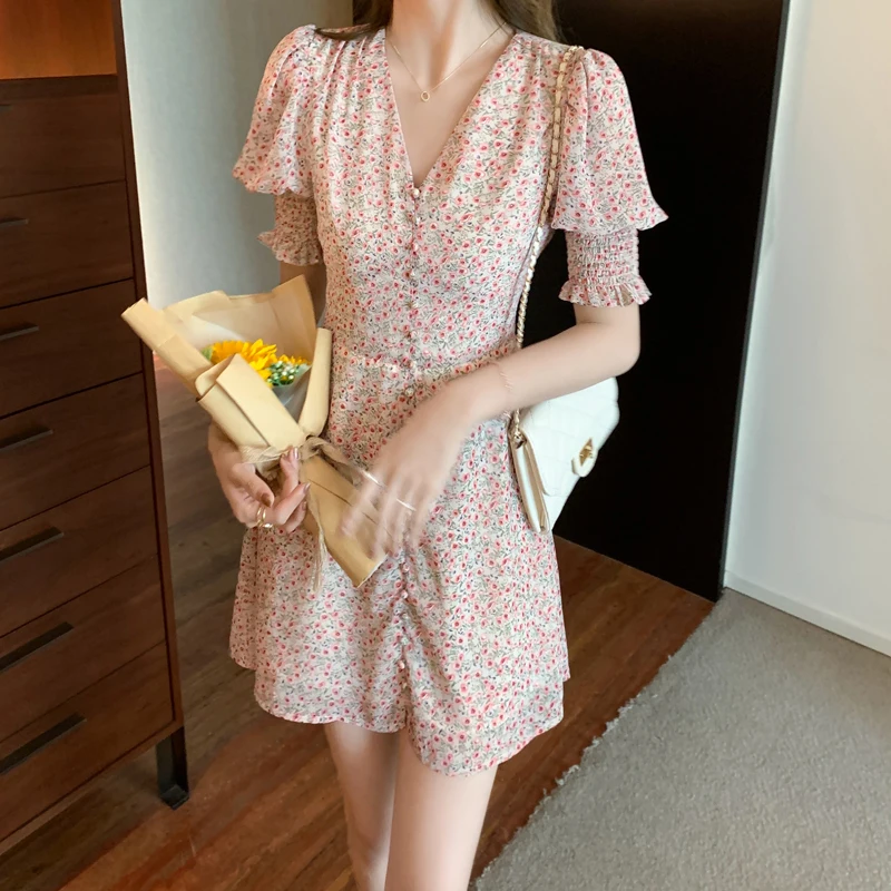 

COIGARSAM French Style Floral Print Women dress New Summer V-Neck Dresses Pink 1697