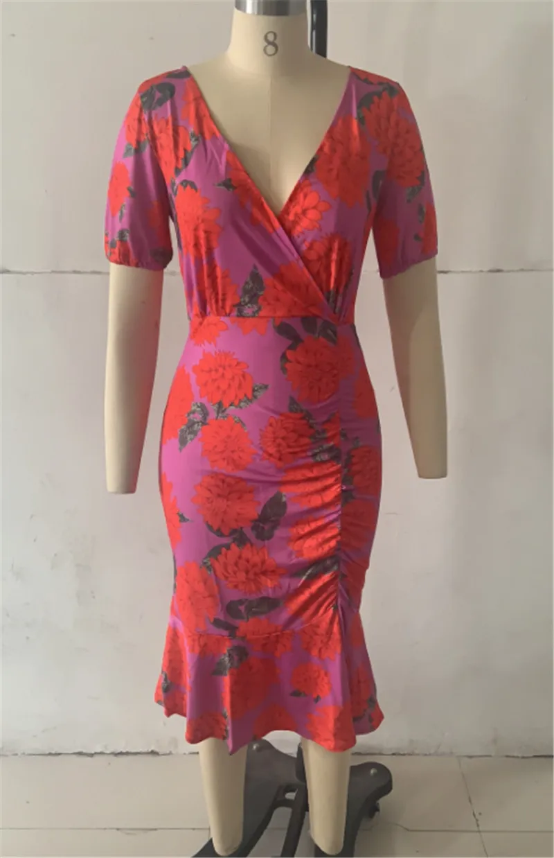 

2019 Pencil Office Dress V-neck Print Bag Hip Slim Ruffled Dress Summer Stretch Short-sleeved Tight Dress Vestido Plus Size 5xl