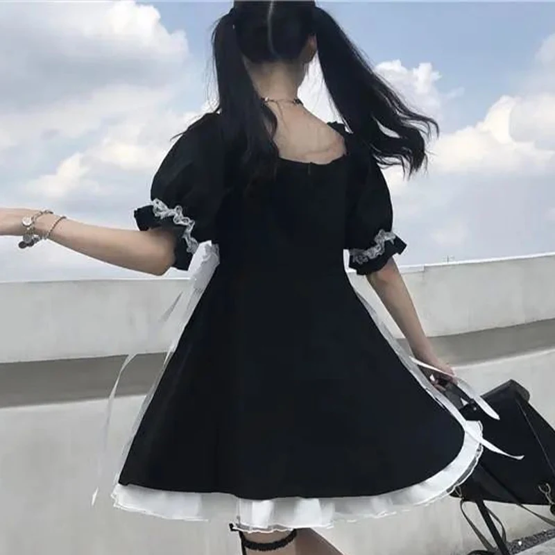 

Summer Gothic Lace Patchwork Women Mini Dress Puff Sleeve Square Collar Female A-Line Dresses Streetwear Harajuku Lady Clothes