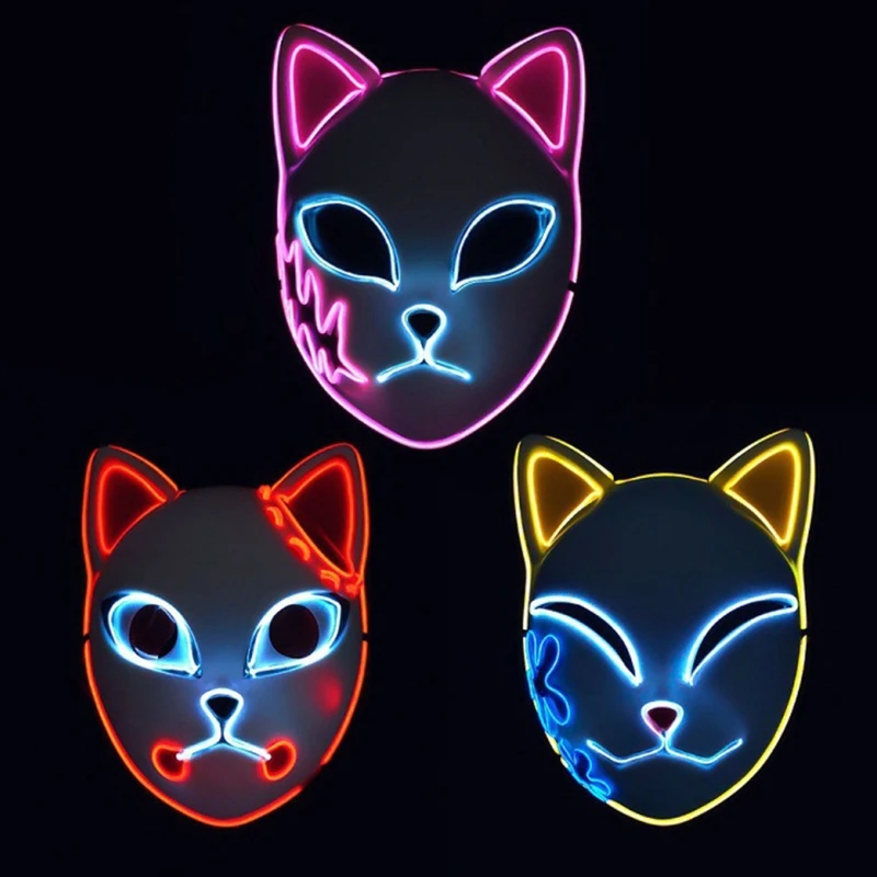 

Kitsune Foxes Cat Masks for Cosplay Japanese Kabuki Traditional Halloween Party Costumes Props with Flash LED Lights